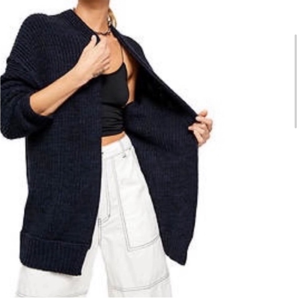 Free People Navy Chunky Ribbed Knit Open Front Cardigan Sweater Size XS/S
